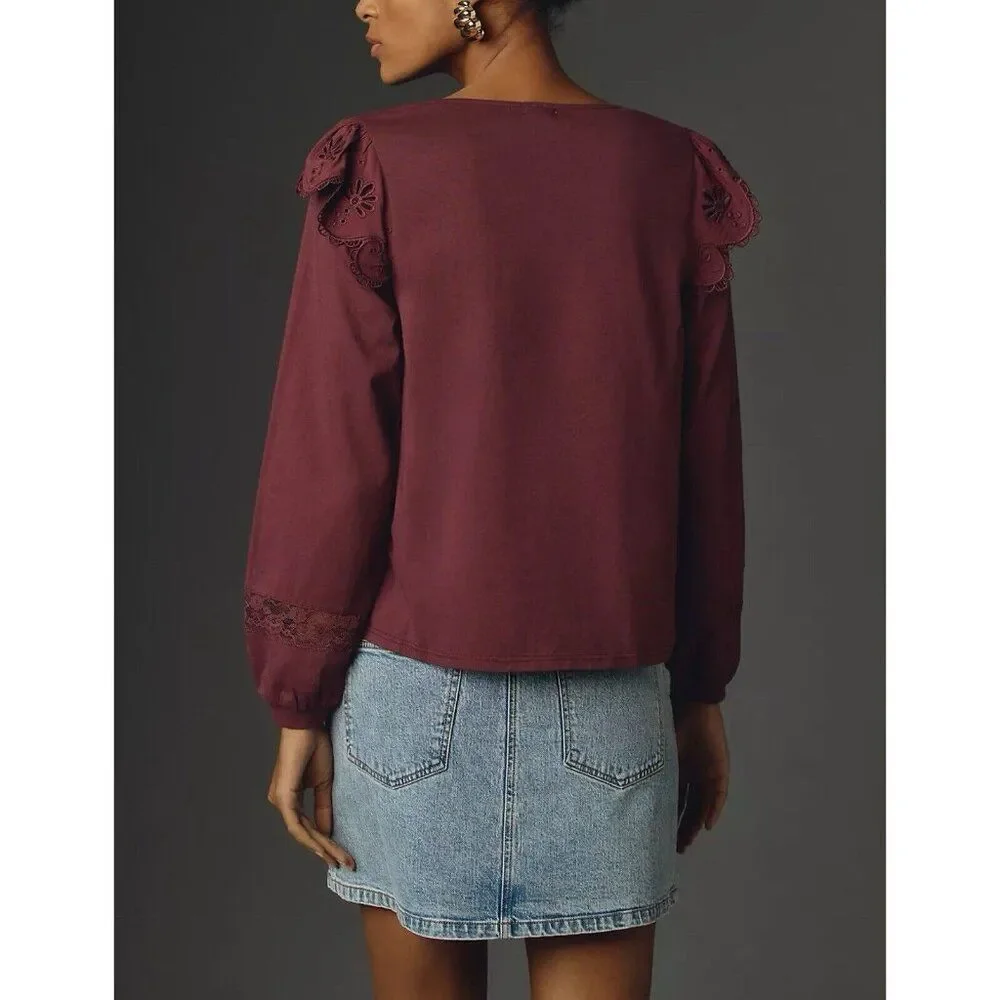 Anthropologie Tiny Top Womens Small Long-Sleeve Crescent Ruffled Lace Blouse NWT